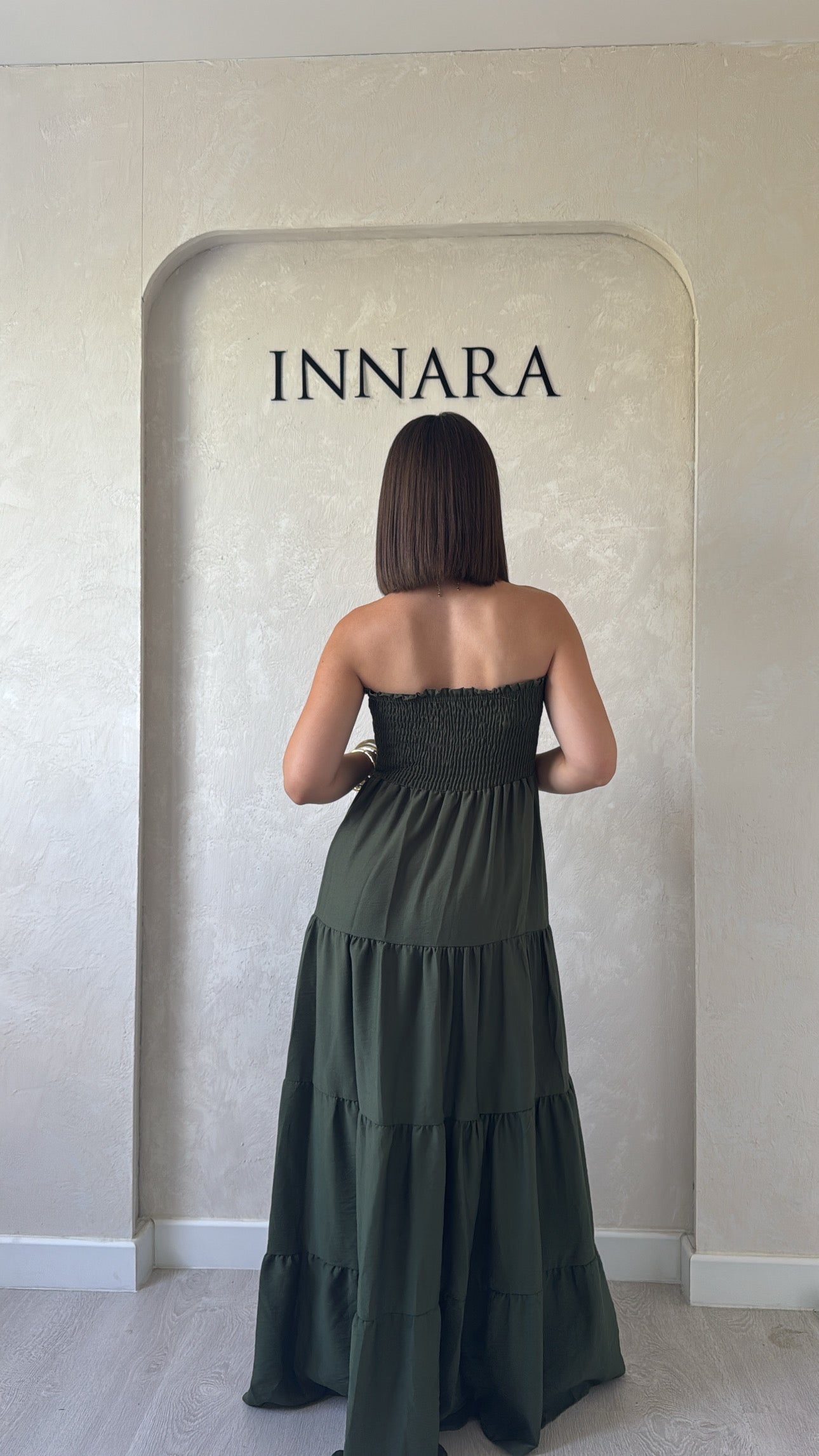 Robe bustier à volant kaki