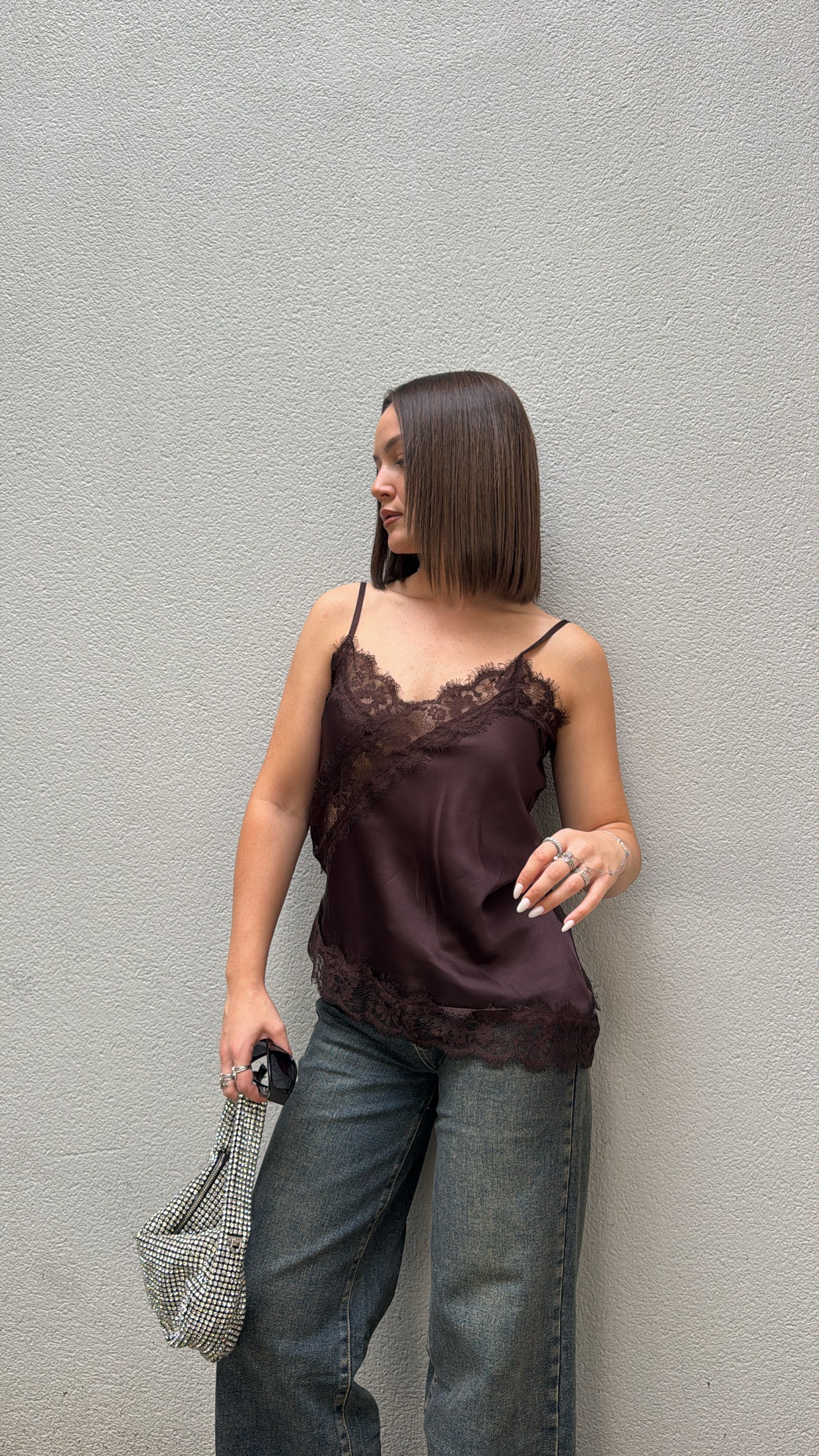 Top en dentelle asymétrique - Marron