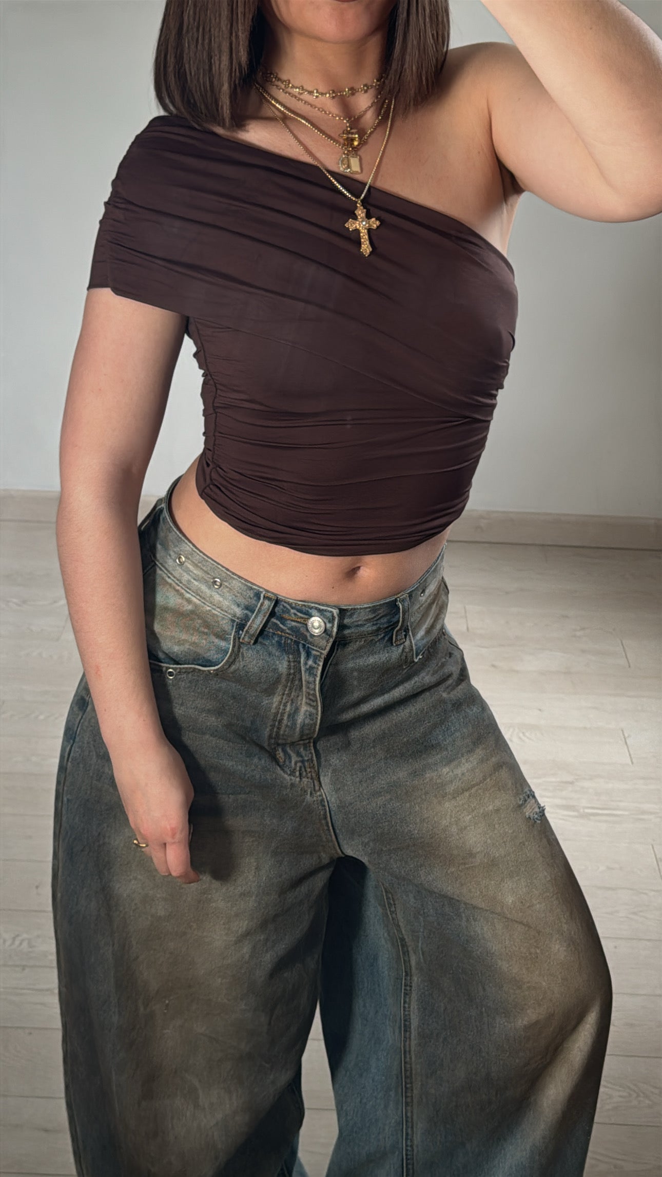 Top asymétrique plissé - Marron