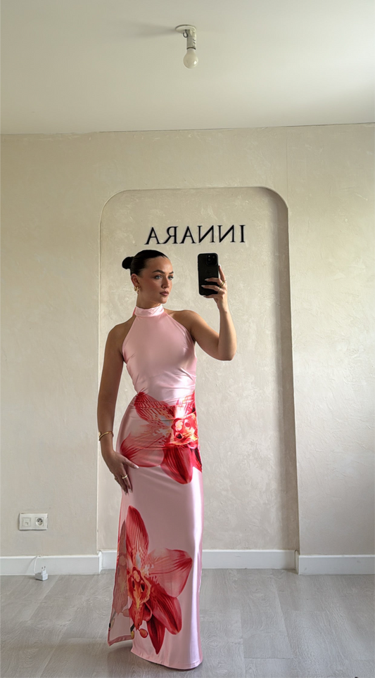 Robe en satin fleurie - Rose