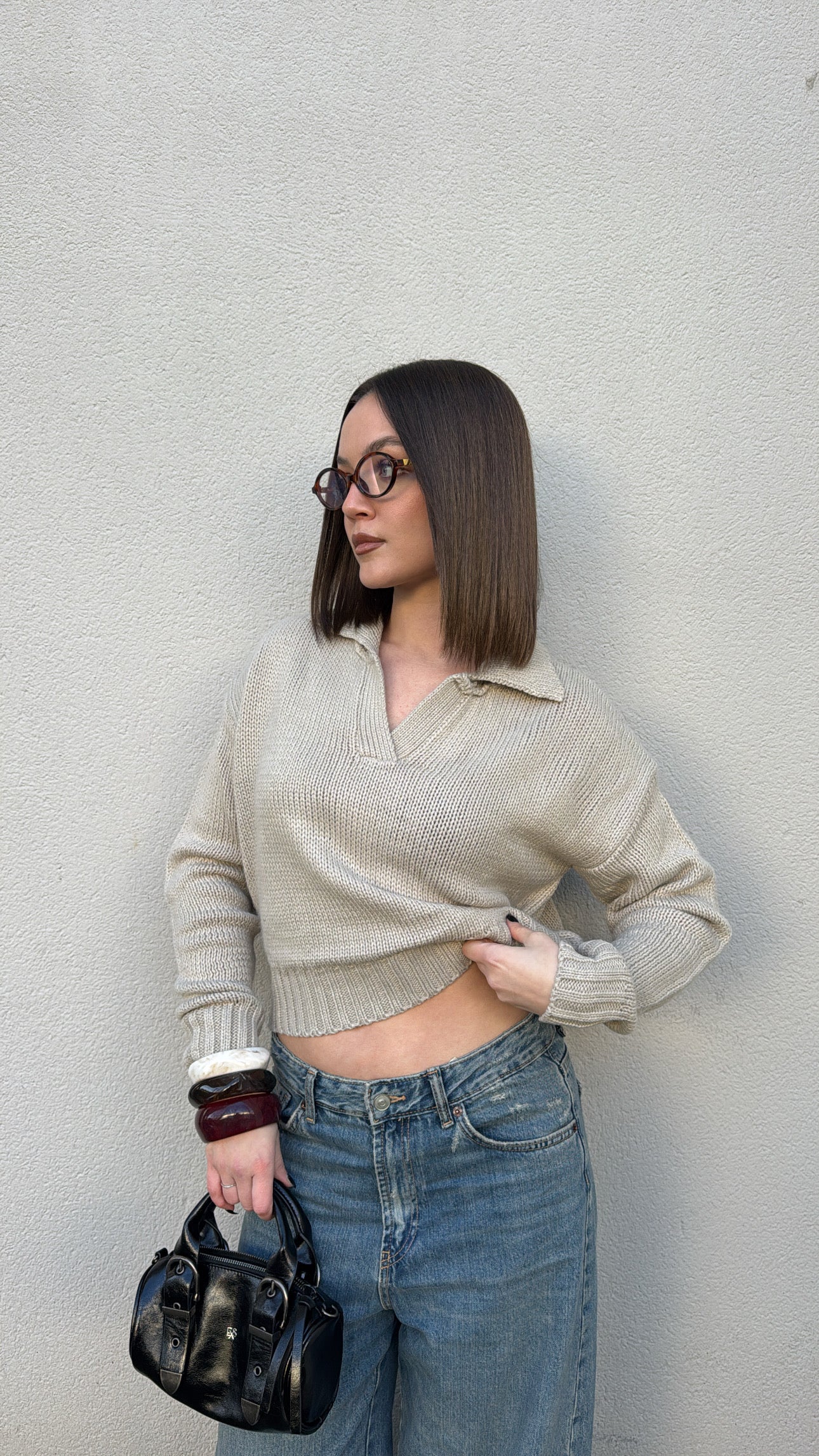 Pull col ouvert - Taupe
