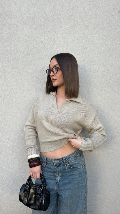 Pull col ouvert - Taupe