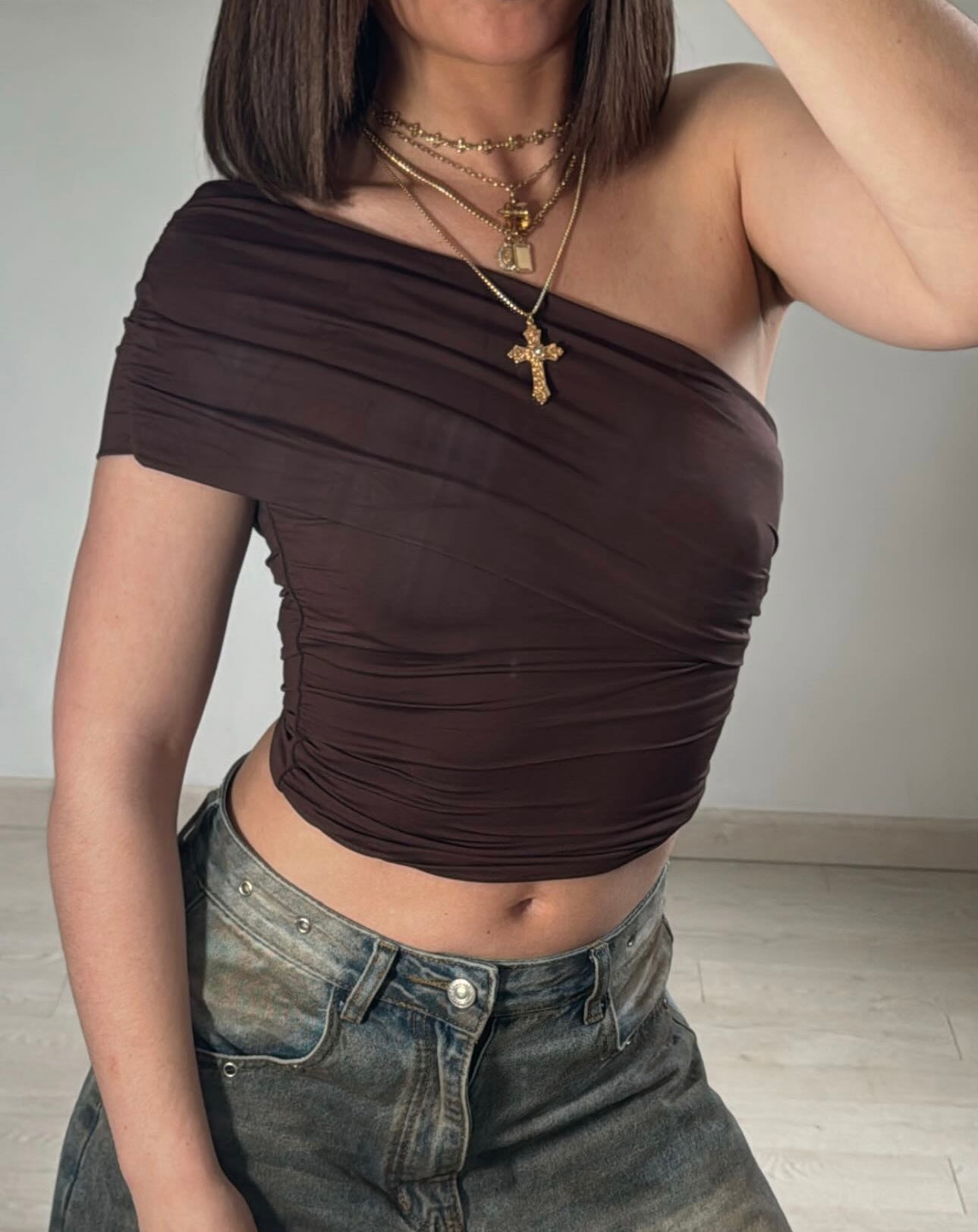 Top asymétrique plissé - Marron