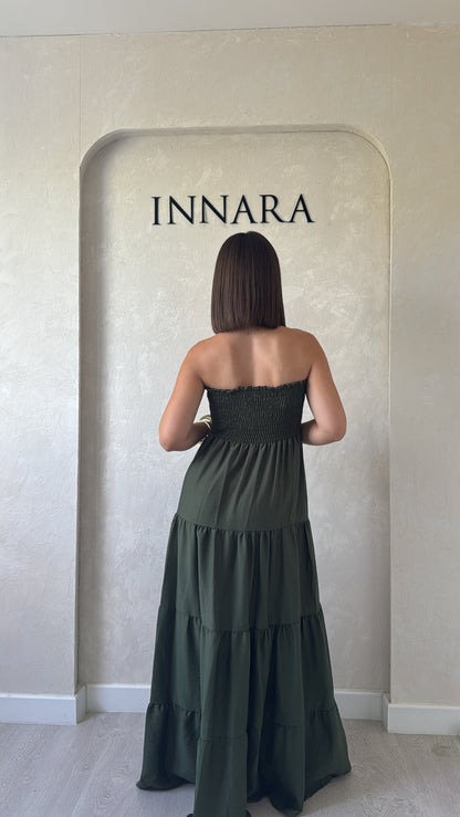 Robe bustier à volant kaki