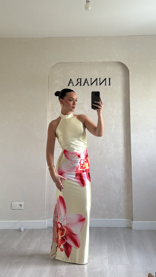Robe en satin fleurie - Jaune