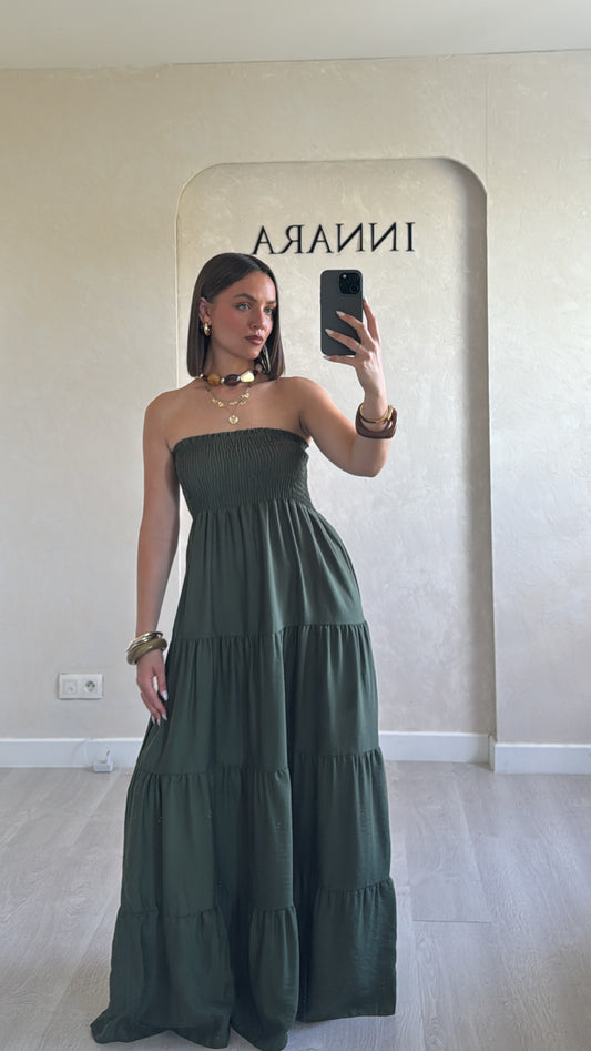 Robe bustier à volant kaki