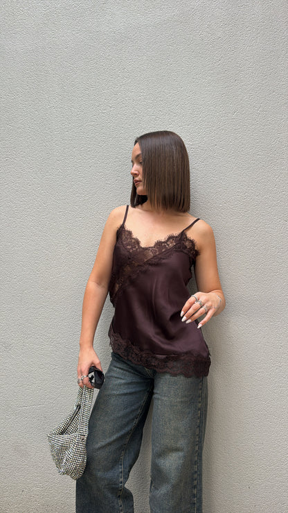 Top en dentelle asymétrique - Marron